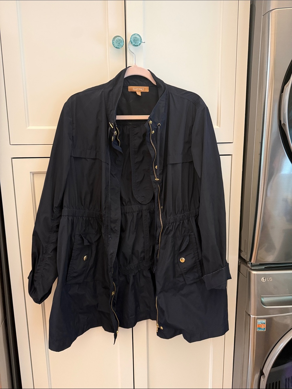 T Tahari Navy Utility Jacket with Gold Hardware